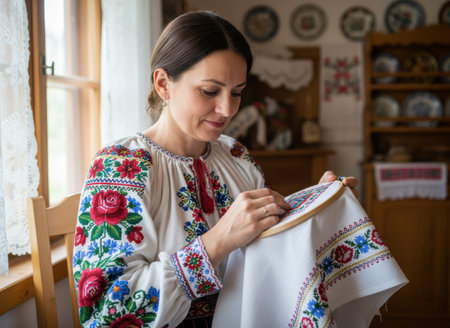 Young woman creating traditional floral embroidery on white fabric in a sunlit room featuring ethnic decor and handcrafted details.の素材