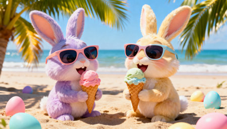 Two playful bunnies wearing sunglasses enjoy ice cream cones on a sunny tropical beach surrounded by easter eggs and palm trees.の素材