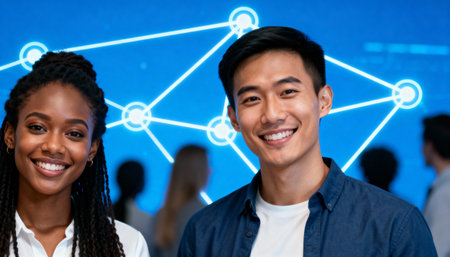 Diverse professionals smiling in front of a digital network interface at a modern technology conference or workplace.の素材