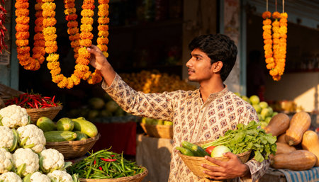 Young man shopping for fresh vegetables at outdoor market selecting marigold garlands under warm morning sunlight in rural setting.の素材