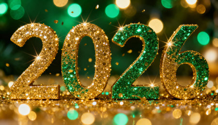 Sparkling gold and green 2026 numbers celebrating new year with festive confetti and vibrant bokeh lights in the background.の素材