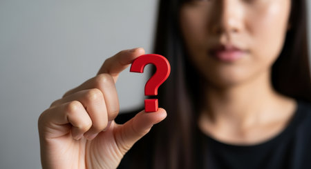 Woman holding a red question mark symbol in hand, symbolizing curiosity, uncertainty, seeking answers, problem solving, and decision making.の素材