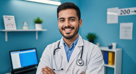 Confident young male doctor in white coat smiling in modern medical office with laptop and healthcare equipment in background.の素材