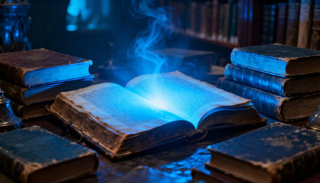 Ancient magic book glowing with mysterious blue light on a dark wooden table surrounded by old manuscripts and vintage books.の素材