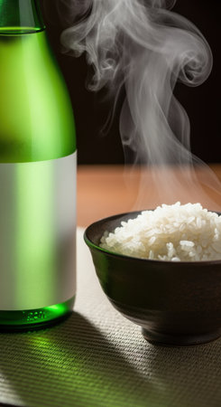 Steaming bowl of freshly cooked white rice next to a green bottle on a table, emitting aromatic steam in a warm dining setting.の素材