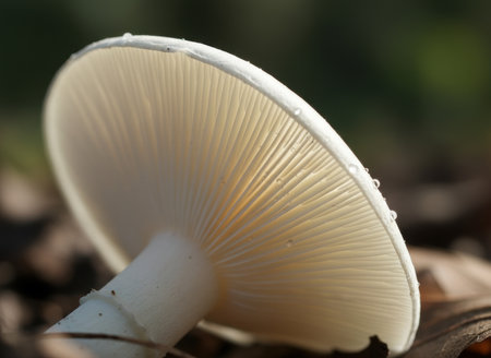 Close up of white wild mushroom growing on forest floor with delicate gills and morning dew drops on the cap in sunlight.の素材