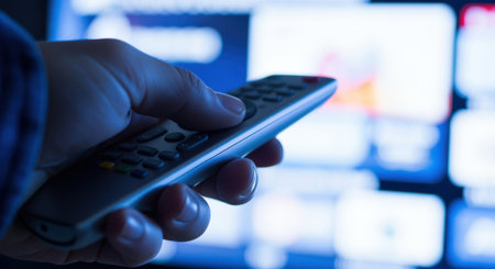 Hand holding remote control while browsing digital streaming channels on a television screen in a dark cozy room at night.の素材