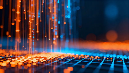 Glowing blue and orange lines forming a digital grid landscape with vertical light trails representing futuristic technology and data.の素材