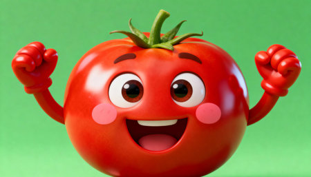 Cheerful tomato character with big eyes and raised arms expressing excitement on a vibrant green background.の素材