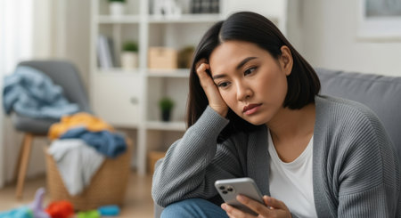 Young woman feeling stressed and overwhelmed at home while holding smartphone and sitting in a cluttered living room.の素材