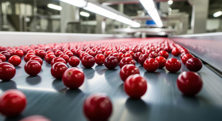 Rows of fresh red cherry tomatoes moving along an automated conveyor belt in a modern food processing plant facility.の素材