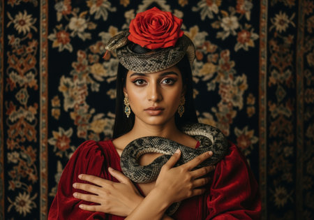 Elegant woman in red dress wearing hat with rose, holding snake on patterned background, blending classic and exotic beauty.の素材