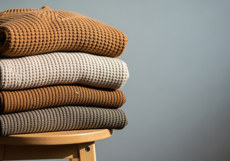 Stack of folded waffle knit sweaters in earthy tones neatly arranged on a wooden stool in natural indoor lighting.の素材