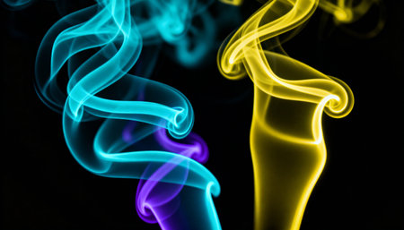 Vibrant swirling blue, yellow, and purple smoke trails intertwining on a black background with smooth, fluid motion and vivid colors.の素材