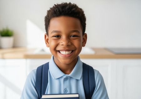 Smiling young boy holding books and wearing a backpack indoors, ready for school in a bright modern classroom setting.の素材