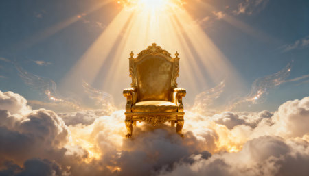 Golden ornate throne illuminated by celestial rays, floating among glowing clouds and ethereal sky with angelic atmosphere.の素材