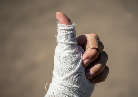Close up of a human hand with a bandaged thumb and a bandage strip, showing recovery from an injury on neutral background.の素材