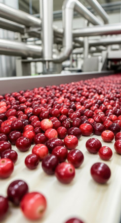 Fresh cranberries moving along a modern automated conveyor system during processing in a clean industrial food facility.の素材