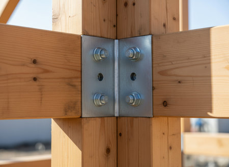 Close up of wooden beams joined by metal connector with bolts at construction site under natural daylight.の素材