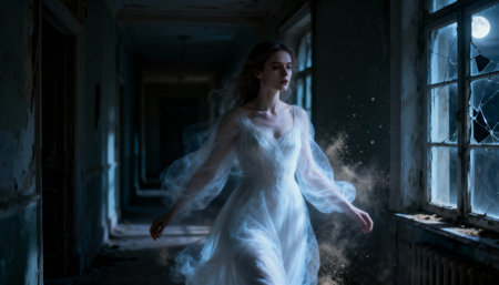 Ethereal woman in flowing white dress walking through abandoned moonlit hallway with dust swirling in the haunting atmosphere.の素材