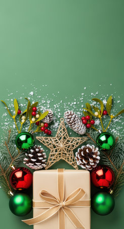 Festive christmas gift with golden ribbon surrounded by pine cones, baubles, evergreen branches and berries on green background.の素材