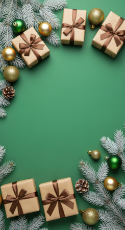Elegant wrapped gifts with brown ribbons surrounded by gold and green ornaments and pine branches on a festive green background.の素材