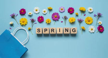 Colorful spring daisy flowers and blue gift bag on pastel background, cheerful seasonal arrangement for floral inspiration.の素材