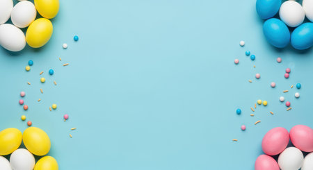 Colorful pastel painted eggs arranged in corners on a bright blue background with scattered candy decorations, festive and cheerful.の素材