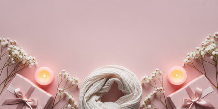 Soft pink flat lay with scarf, gift boxes, baby's breath flowers, and candles creating a cozy romantic atmosphere.の素材