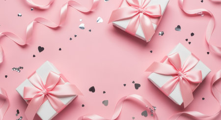 Elegant white gift boxes with pink satin ribbons surrounded by scattered metallic heart confetti on pastel background.の素材