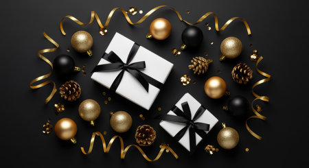 elegant black and gold holiday composition with gift boxes, ornaments, pine cones, ribbons, and festive confetti on dark background.の素材