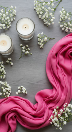Soft pink fabric with delicate white flowers and lit candles arranged on a gray wooden surface for a tranquil spa setting.の素材