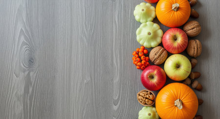 Autumn harvest assortment with pumpkins, apples, pattypan squash, walnuts, and berries arranged on gray wood table background.の素材