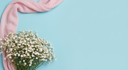Delicate white gypsophila flowers on blue background with soft pink fabric, minimalist floral arrangement and copy space.の素材