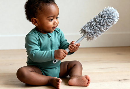 Curious baby in green onesie sitting on wooden floor, holding a fluffy duster and exploring with focused attention indoors.の素材