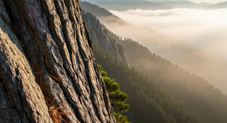 Sunrise mountain landscape with pine tree bark in sharp focus overlooking misty forest slopes and layered mountain ridges.の素材