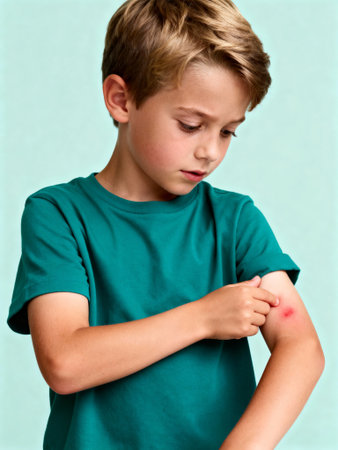 Young boy examining red irritated skin rash on arm, showing concern for possible allergy or insect bite on light blue background.の素材