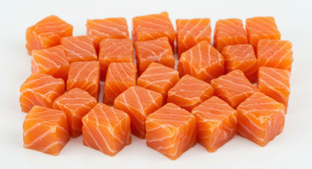 Fresh cubed raw salmon arranged in neat rows on a white surface, highlighting vibrant orange color and fine marbling.の素材