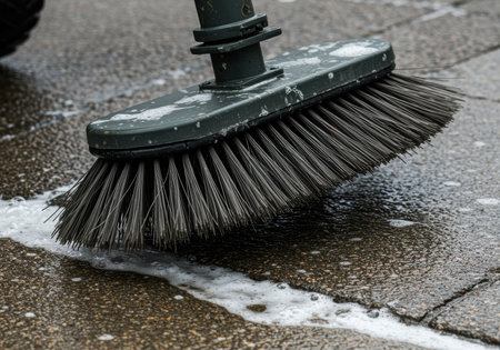 Large outdoor cleaning brush scrubbing soapy water on textured pavement surface during daytime maintenance work.の素材