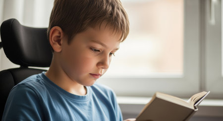 Young boy in a wheelchair reading a book indoors near a sunlit window, showing concentration and enjoyment in learning.の素材