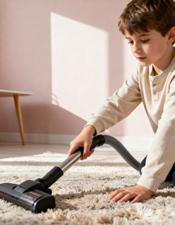 Young boy cleaning living room carpet with vacuum cleaner in bright home interior during daytime chores.の素材