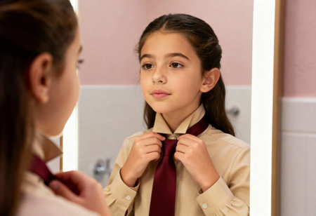 Young girl adjusting red tie in front of bathroom mirror, preparing for school or formal event with confidence and focus.の素材