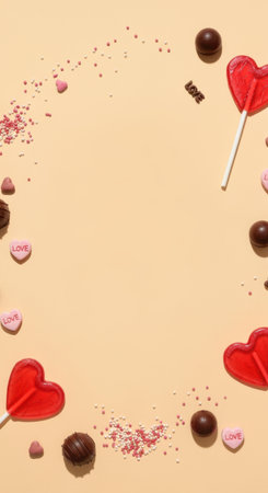 Romantic heart shaped lollipops, assorted chocolates, and colorful sprinkles arranged on pastel background for valentine's day celebration.の素材