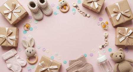 Cute knitted baby clothes, soft plush toys, and wrapped gifts arranged on pastel background with bottle and accessories.の素材