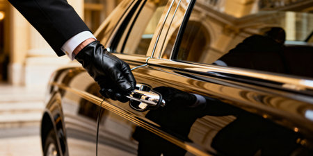 Professional chauffeur in formal attire opening luxury black sedan door outside elegant building for upscale client arrival.の素材