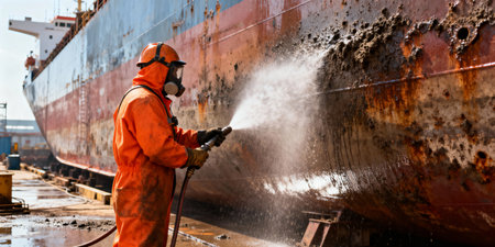 Industrial worker in protective gear cleaning ship hull at dockyard with high pressure water spray during maintenance operation.の素材