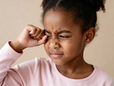 Young girl rubbing her tired eyes while standing indoors in a soft pink long sleeve shirt with neutral background.の素材