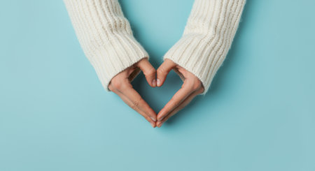 Hands forming heart shape gesture in cozy white sweater on pastel blue background, expressing love, kindness, care, and warmth.の素材