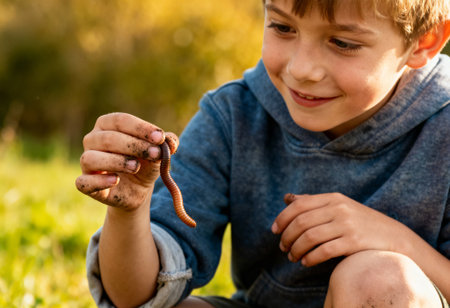 Curious boy exploring nature outdoors holding an earthworm with dirty hands on a sunny day in a green grassy environment.の素材