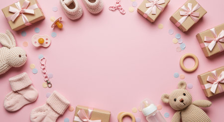 Pink baby shower arrangement with wrapped gifts, toys, pacifiers, and baby essentials on pastel background, flat lay composition.の素材
